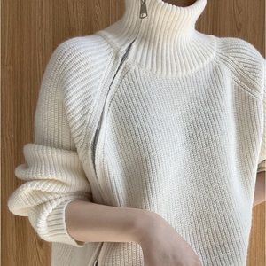 Chunky Oversized GORGEOUS Rib Zipper Mock Turtleneck Warm Pullover Cream Sweater